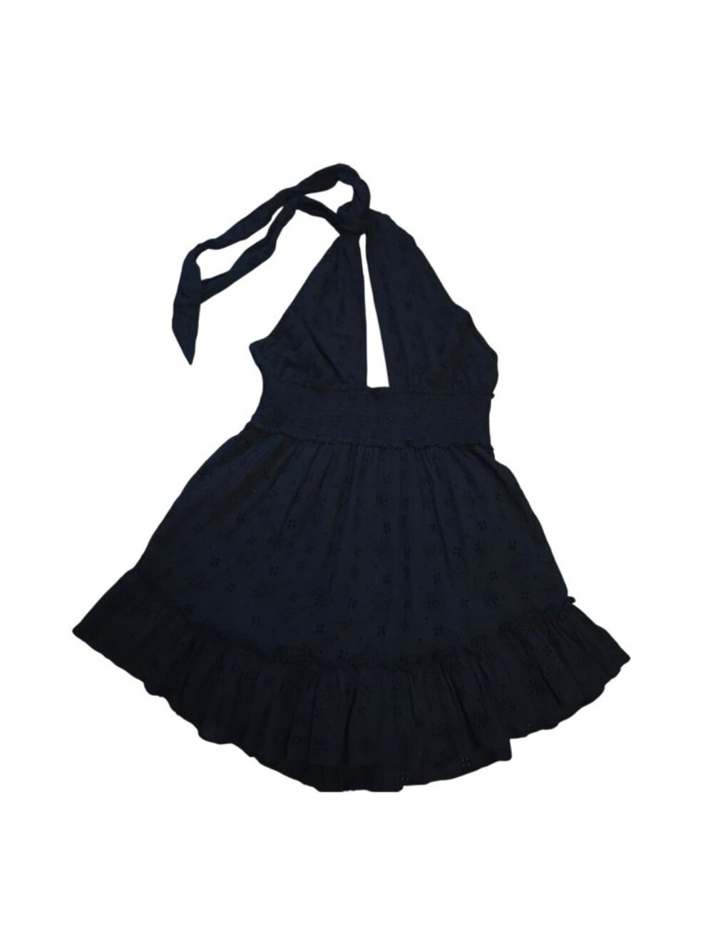 Aerie Black Halter Mini Dress Smocked Waist Open Back Eyelet Size L.